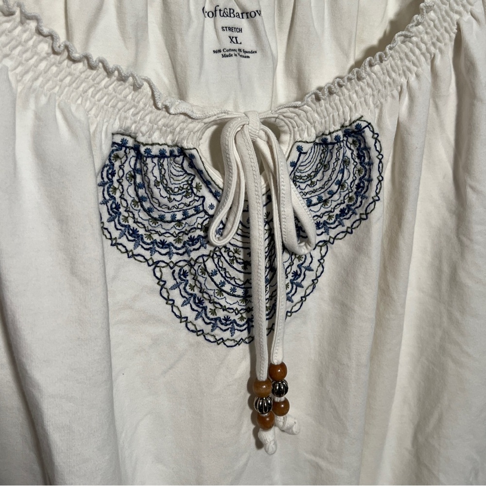 Croft & Barrow Cream Blouse with Blue Embroidery